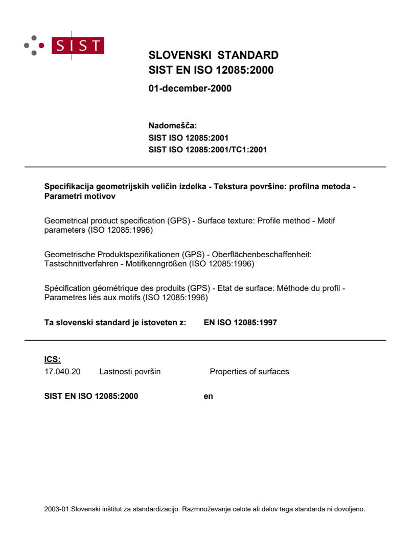 EN ISO 12085:2000 - PREKLIC RAZVELJAVITVE (2022-03)
