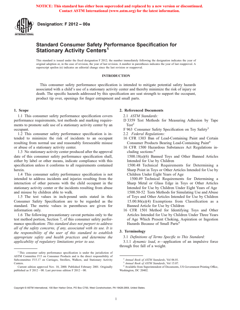 ASTM F2012-00a - Standard Consumer Safety Performance Specification for Stationary Activity Centers