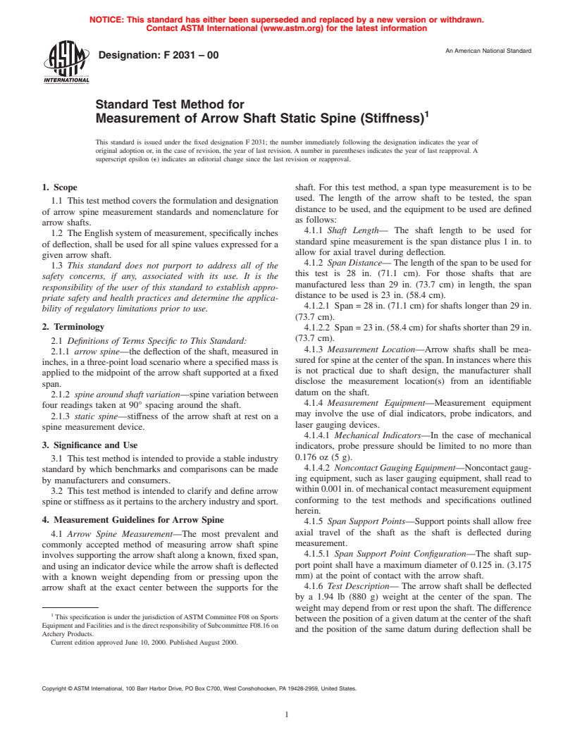 ASTM F2031-00 - Standard Test Method for Measurement of Arrow Shaft Static Spine (Stiffness)