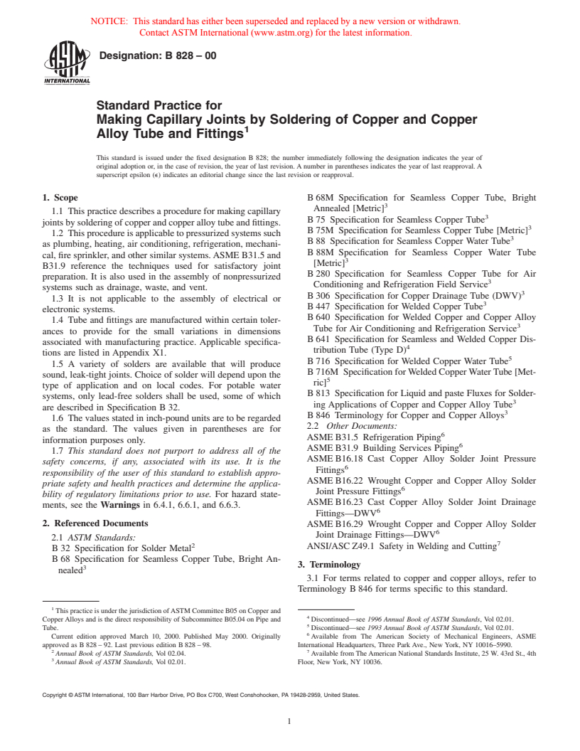 ASTM B828-00 - Standard Practice for Making Capillary Joints by Soldering of Copper and Copper Alloy Tube and Fittings