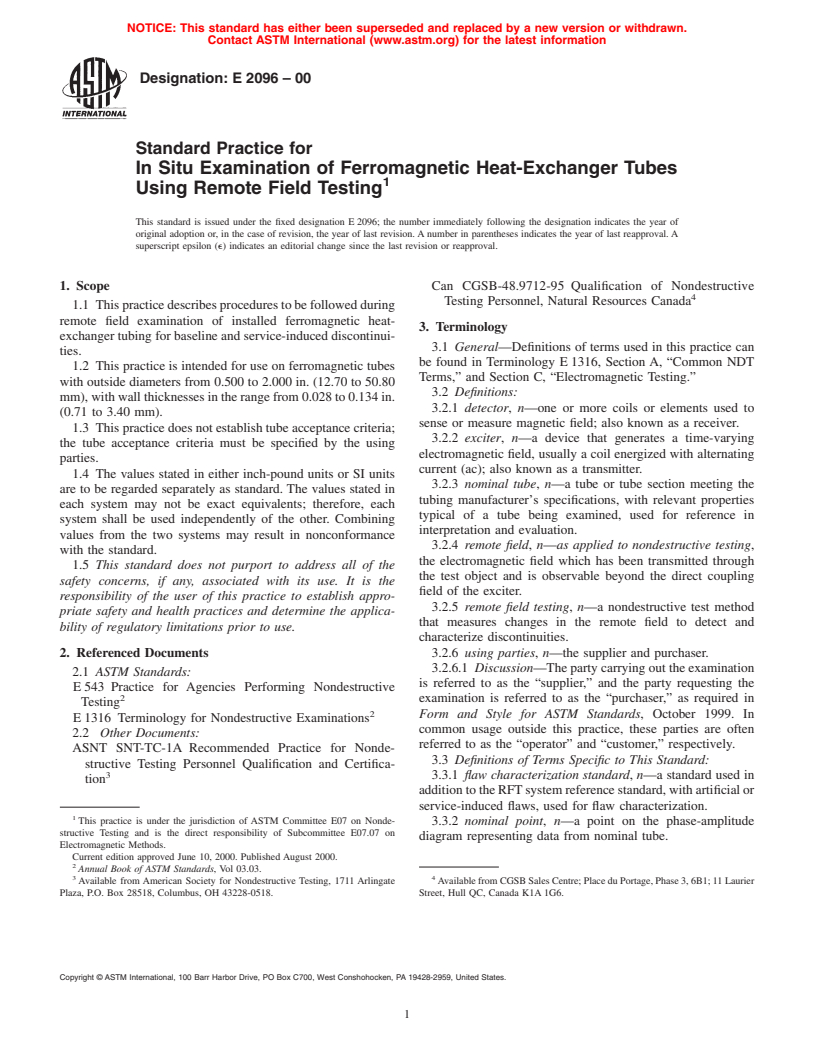 ASTM E2096-00 - Standard Practice for In Situ Examination of Ferromagnetic Heat-Exchanger Tubes Using Remote Field Testing