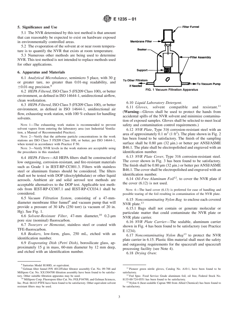 ASTM E1235-01 - Standard Test Method for Gravimetric Determination of Nonvolatile Residue (NVR) in Environmentally Controlled Areas for Spacecraft
