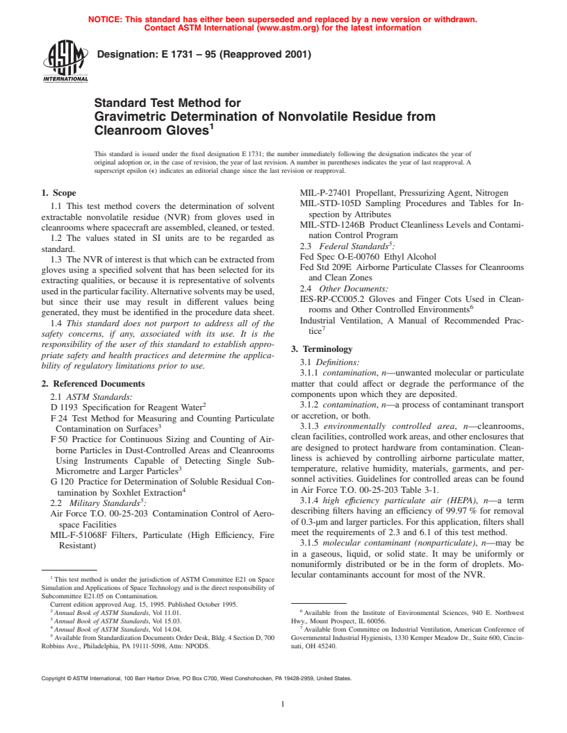 ASTM E1731-95(2001) - Standard Test Method for Gravimetric Determination of Nonvolatile Residue from Cleanroom Gloves