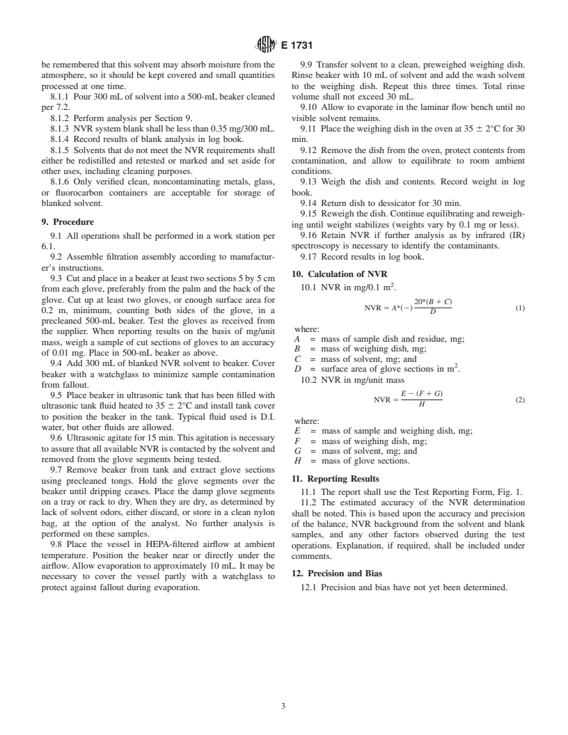 ASTM E1731-95(2001) - Standard Test Method for Gravimetric Determination of Nonvolatile Residue from Cleanroom Gloves