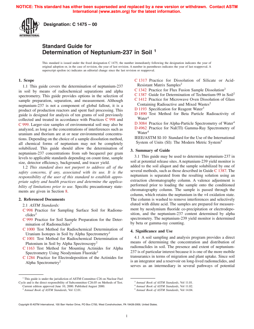 ASTM C1475-00 - Standard Guide for Determination of Neptunium-237 in Soil