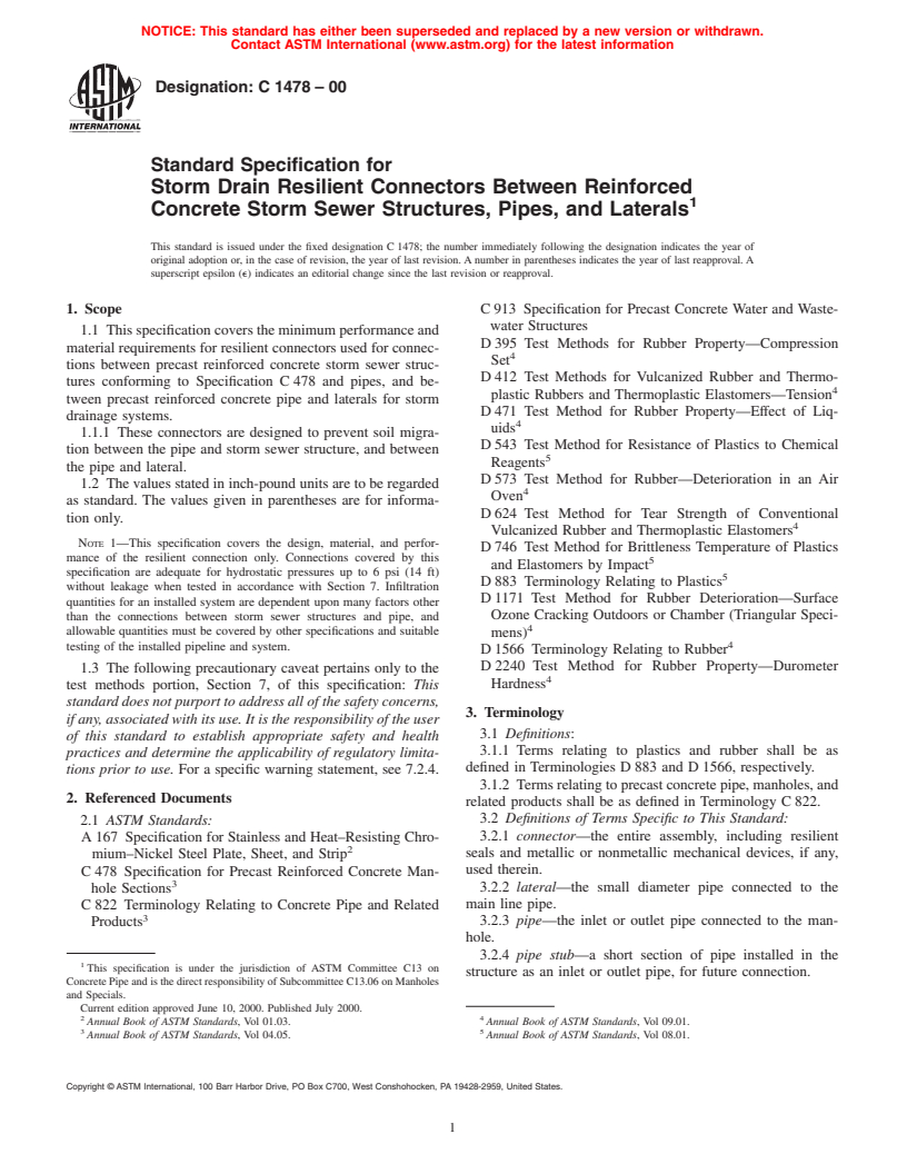 ASTM C1478-00 - Standard Specification for Storm Drain Resilient Connectors Between Reinforced Concrete Storm Sewer Structures, Pipes and Laterals