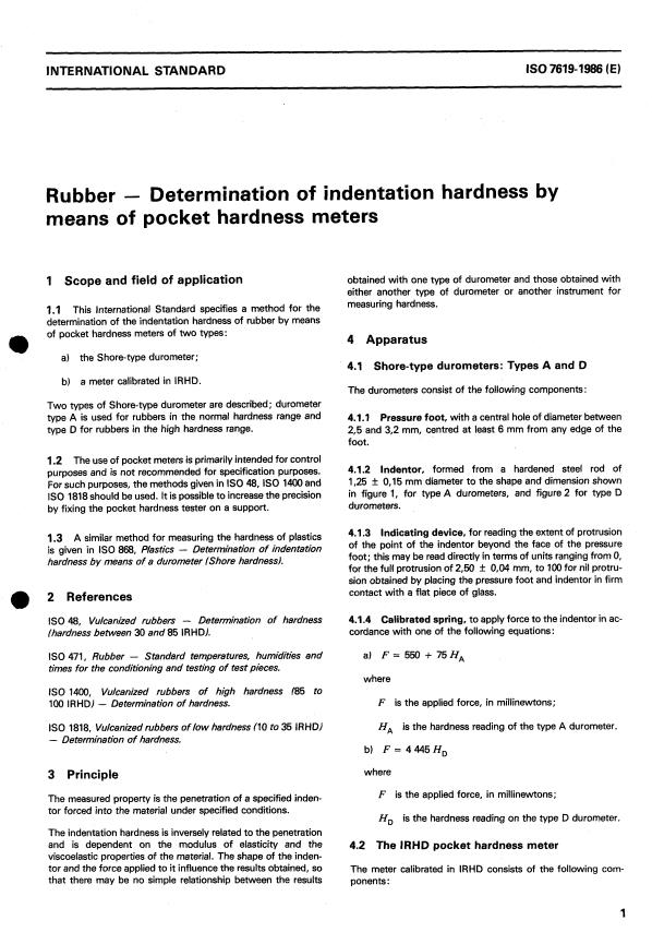 ISO 7619:1986 - Rubber -- Determination of indentation hardness by means of pocket hardness meters