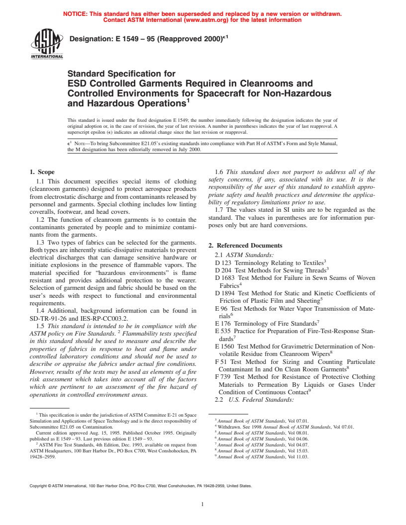 ASTM E1549-95(2000)e1 - Standard Specification for ESD Controlled Garments Required in Cleanrooms and Controlled Environments for Spacecraft for Non-Hazardous and Hazardous Operations