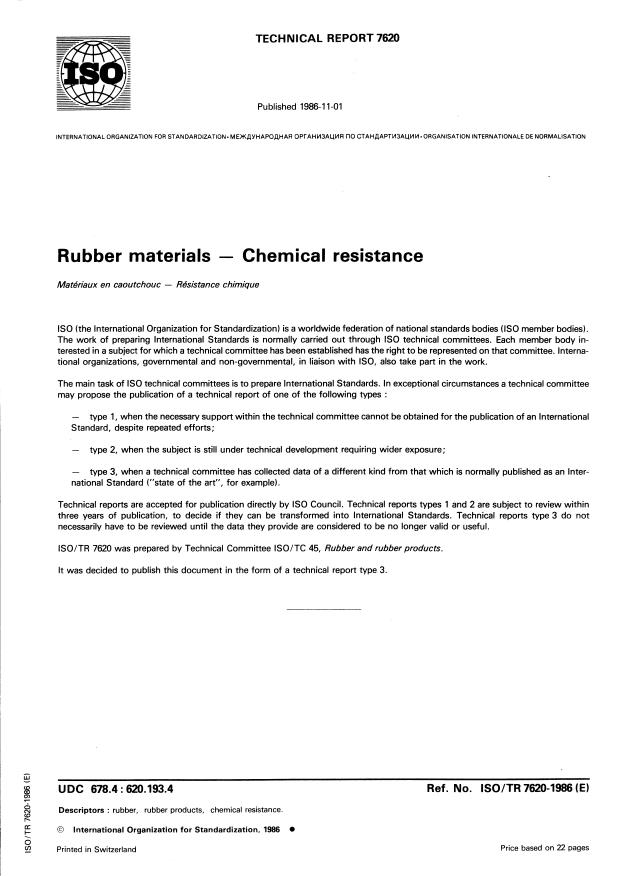 ISO/TR 7620:1986 - Rubber materials -- Chemical resistance