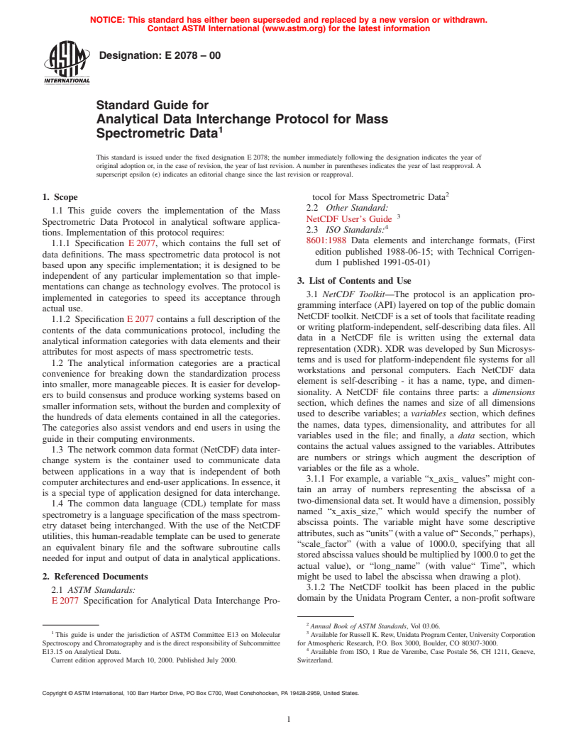 ASTM E2078-00 - Standard Guide for Analytical Data Interchange Protocol for Mass Spectrometric Data