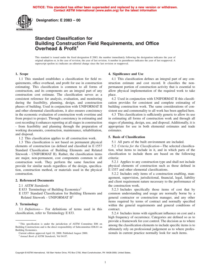 ASTM E2083-00 - Standard Classification for Building Construction Field Requirements, and Office Overhead & Profit