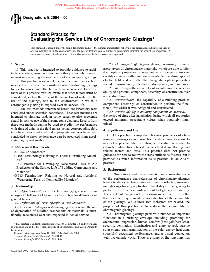 ASTM E2094-00 - Standard Practice for Evaluating the Service Life of Chromogenic Glazings