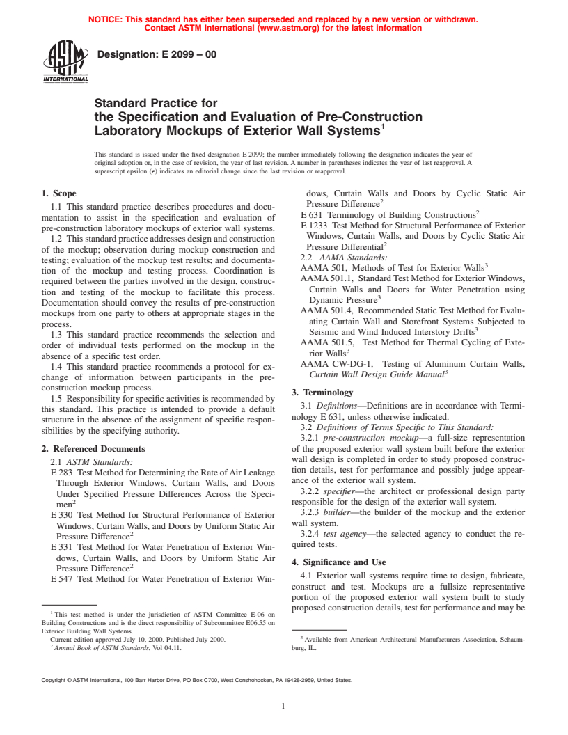 ASTM E2099-00 - Standard Practice for the Specification and Evaluation of Pre-Construction Laboratory Mockups of Exterior Wall Systems