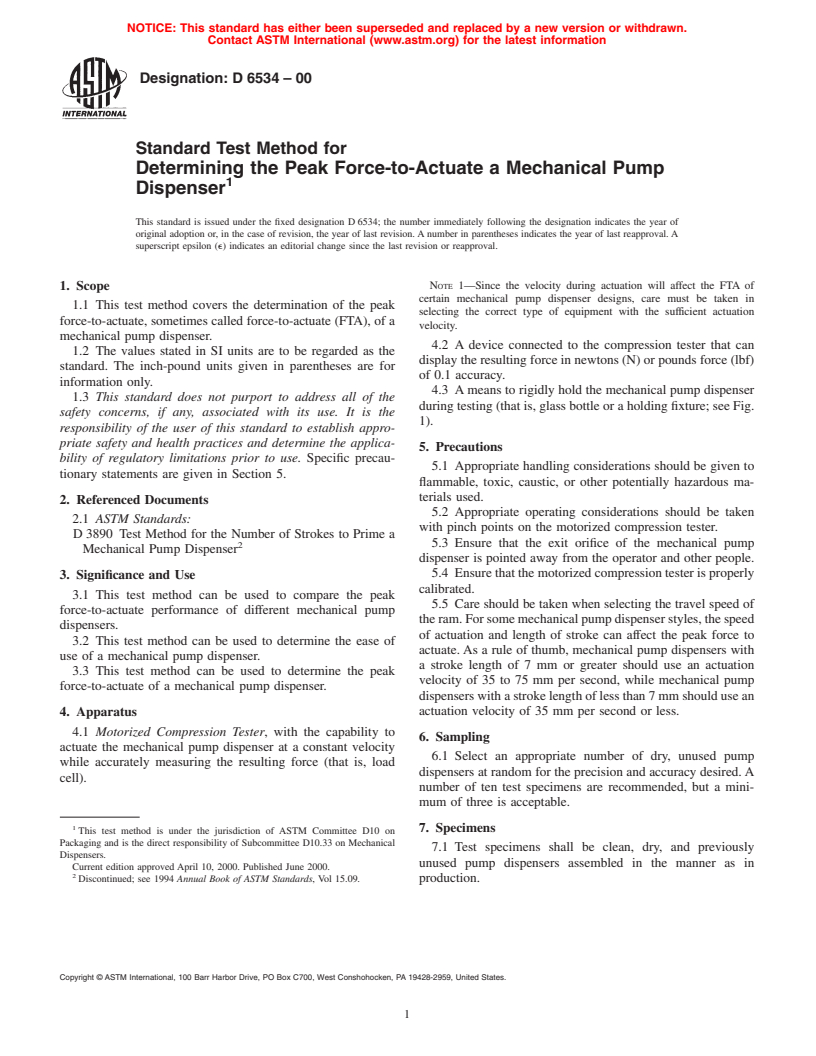 ASTM D6534-00 - Standard Test Method for Determining the Peak Force-to-Actuate a Mechanical Pump Dispenser