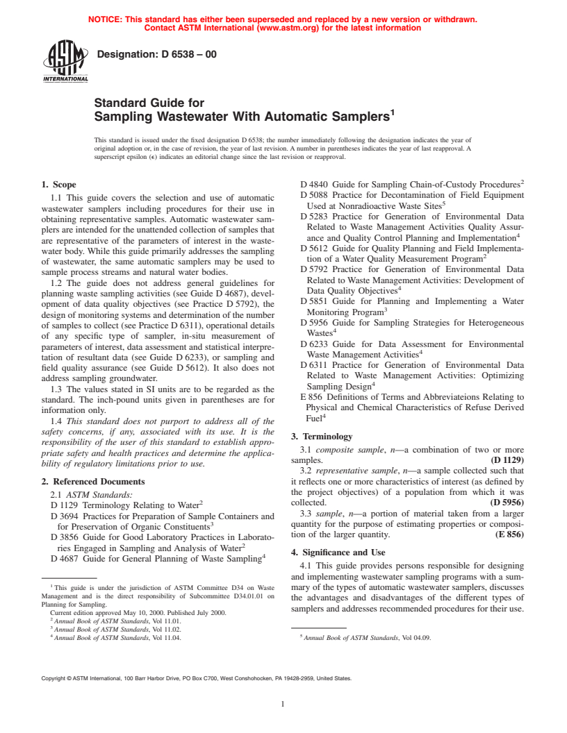 ASTM D6538-00 - Standard Guide for Sampling Wastewater With Automatic Samplers