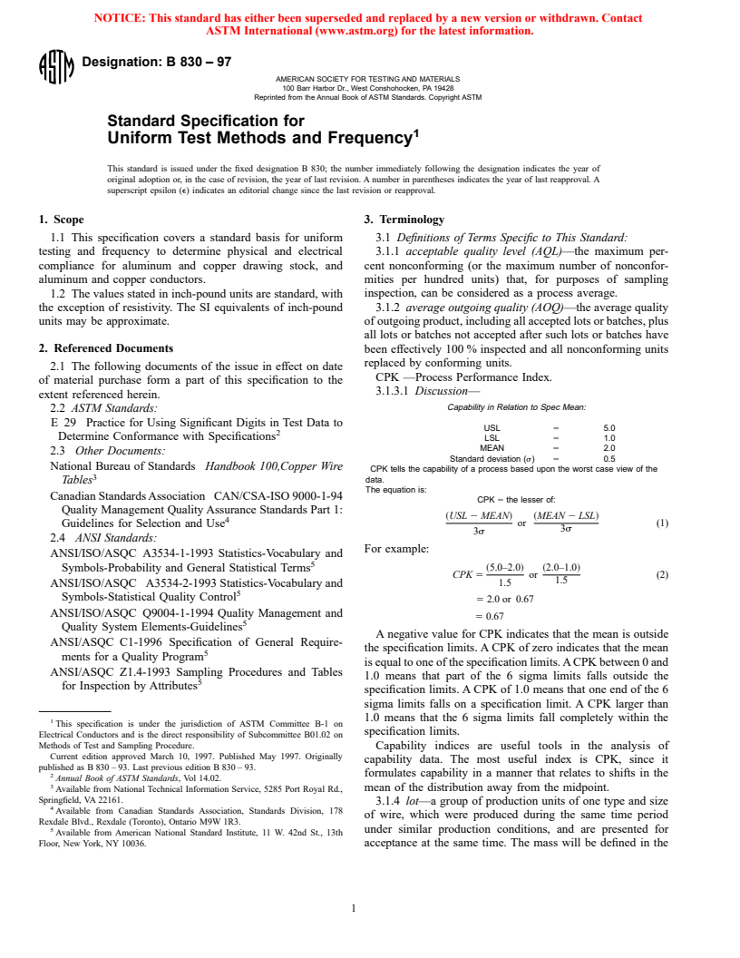 ASTM B830-97 - Standard Specification for Uniform Test Methods and Frequency