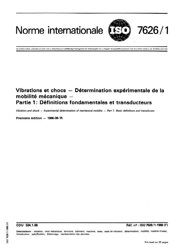 ISO 7626-1:1986 - Vibrations et chocs -- Détermination expérimentale de la mobilité mécanique