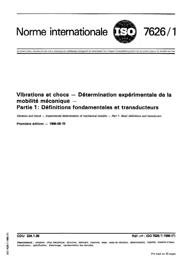 ISO 7626-1:1986 - Vibrations et chocs -- Détermination expérimentale de la mobilité mécanique