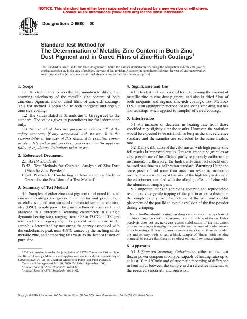 ASTM D6580-00 - Standard Test Method for the Determination of Metallic Zinc Content in Both Zinc Dust Pigment and in Cured Films of Zinc-Rich Coatings