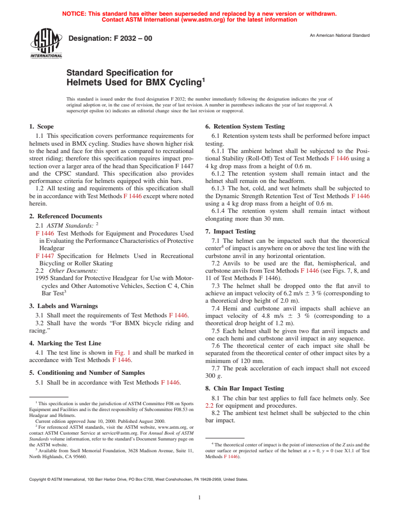 ASTM F2032-00 - Standard Specification for Helmets Used for BMX Cycling