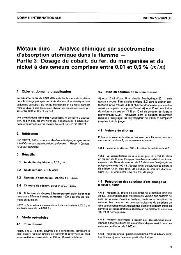 ISO 7627-3:1983 - Métaux-durs -- Analyse chimique par spectrométrie d'absorption atomique dans la flamme