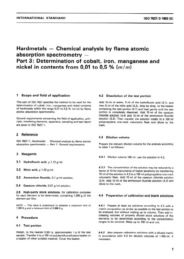 ISO 7627-3:1983 - Hardmetals -- Chemical analysis by flame atomic absorption spectrometry