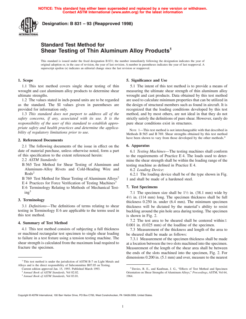 ASTM B831-93(1998) - Standard Test Method for Shear Testing of Thin Aluminum Alloy Products