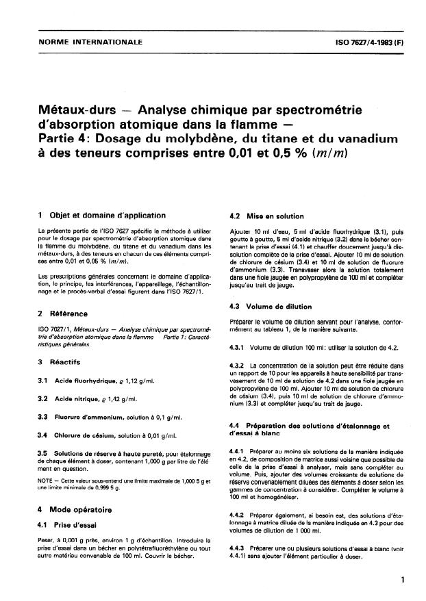 ISO 7627-4:1983 - Métaux-durs -- Analyse chimique par spectrométrie d'absorption atomique dans la flamme