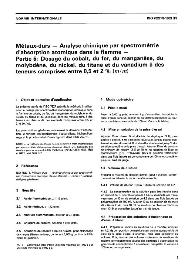 ISO 7627-5:1983 - Métaux-durs -- Analyse chimique par spectrométrie d'absorption atomique dans la flamme