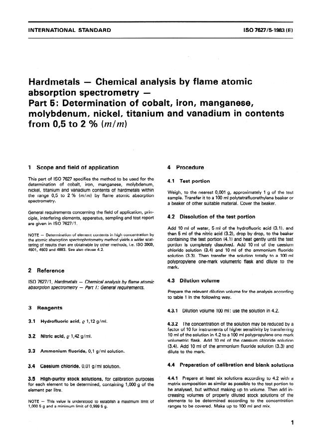 ISO 7627-5:1983 - Hardmetals -- Chemical analysis by flame atomic absorption spectrometry