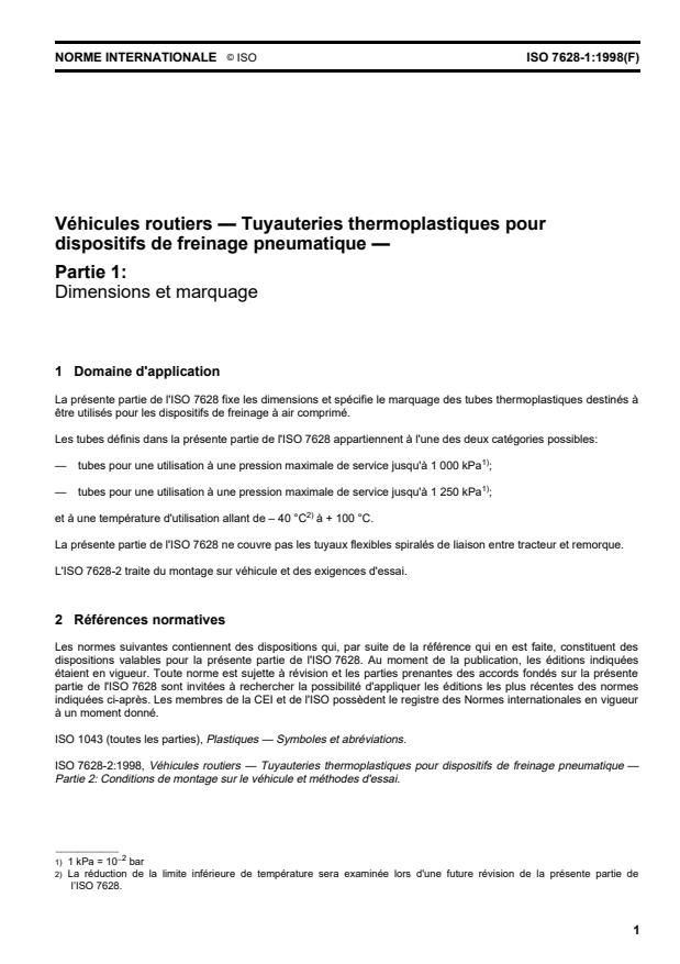 ISO 7628-1:1998 - Véhicules routiers -- Tuyauteries thermoplastiques pour dispositifs de freinage pneumatique