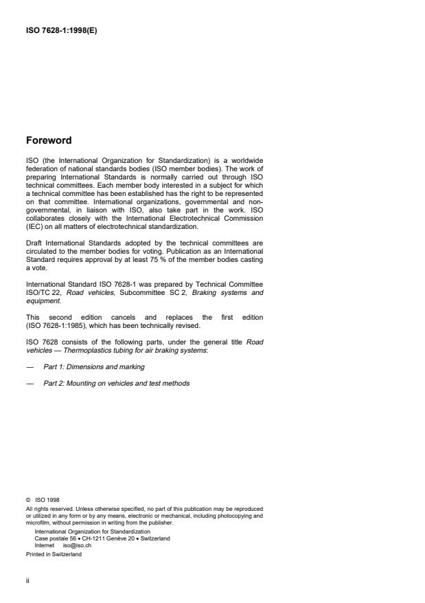 ISO 7628-1:1998 ISO 7628-1:1998 - Road vehicles -- Thermoplastics tubing for air braking systems - Page 2 preview