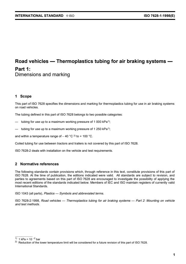 ISO 7628-1:1998 - Road vehicles -- Thermoplastics tubing for air braking systems