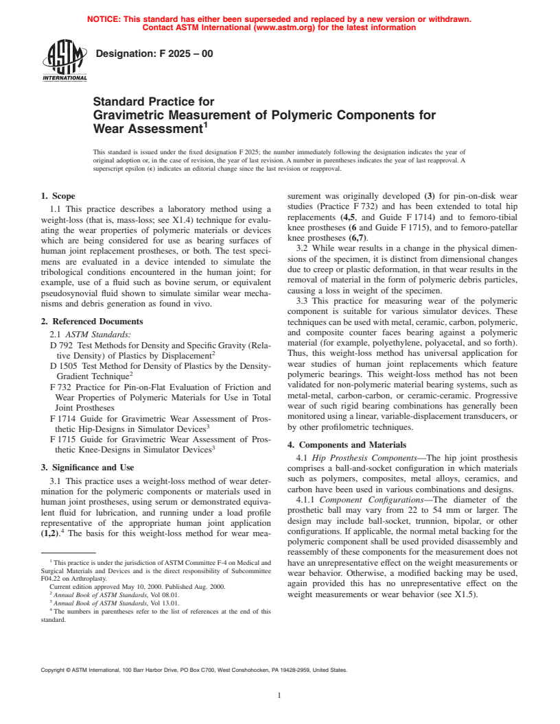 ASTM F2025-00 - Standard Practice for Gravimetric Measurement of Polymeric Components for Wear Assessment