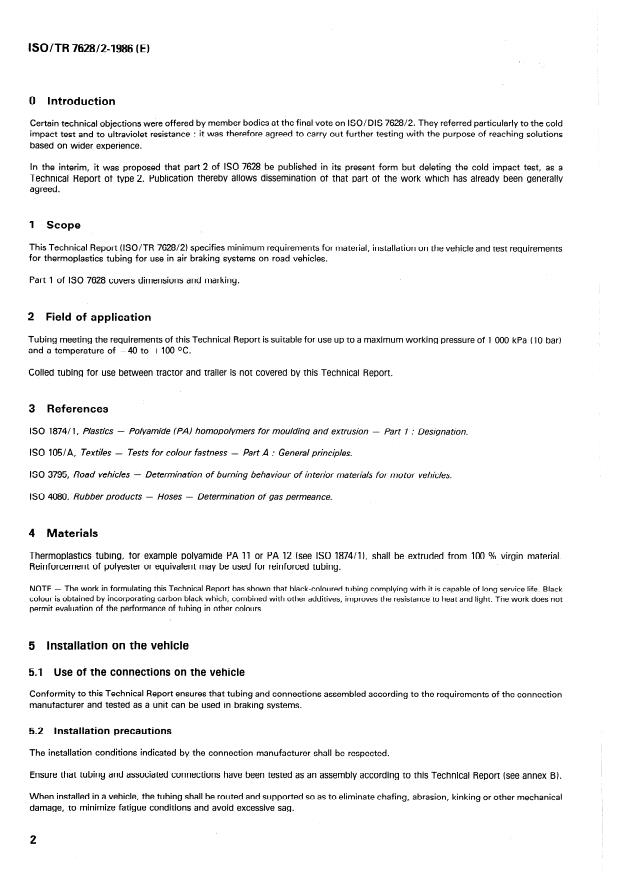 ISO/TR 7628-2:1986 ISO/TR 7628-2:1986 - Road vehicles -- Thermoplastics tubing for use in air braking systems - Page 2 preview