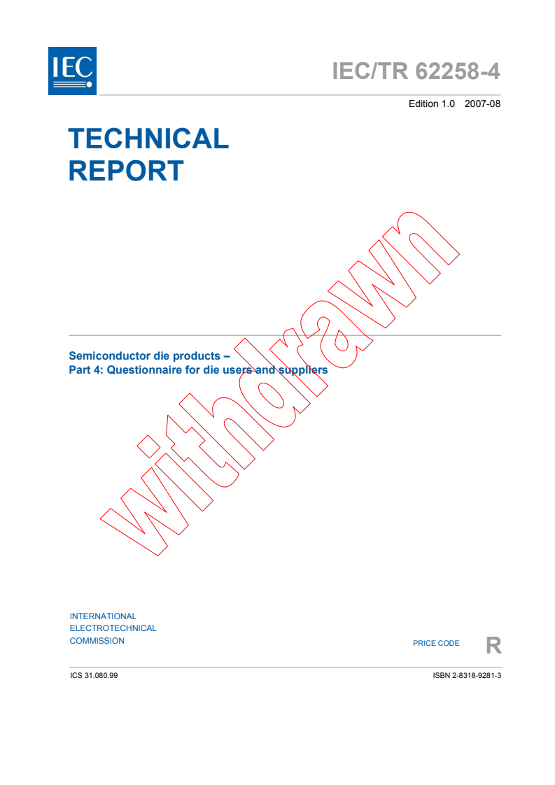 IEC TR 62258-4:2007 iec62258-4{ed1.0}en - IEC TR 62258-4:2007 - Semiconductor die products - Part 4: Questionnaire for die users and suppliers
Released:8/20/2007
Isbn:2831892813