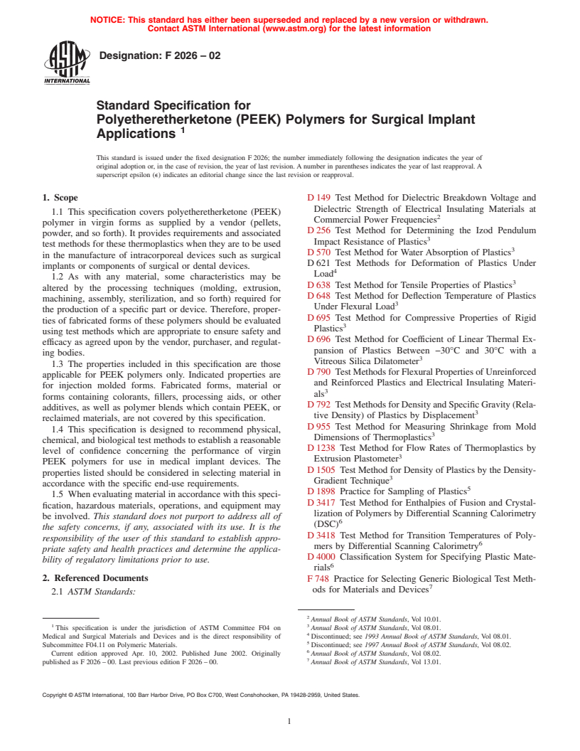 ASTM F2026-02 - Standard Specification for Polyetheretherketone (PEEK) Polymers for Surgical Implant Applications