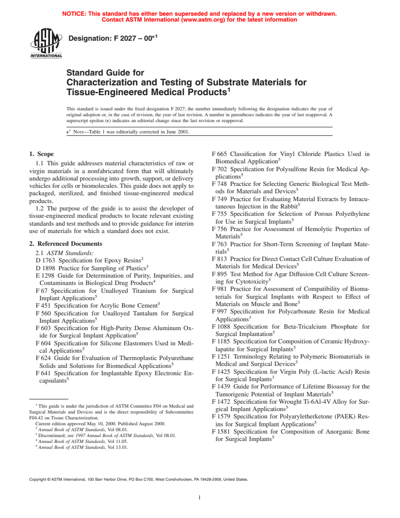 ASTM F2027-00e1 - Standard Guide for Characterization and Testing of Substrate Materials for Tissue-Engineered Medical Products