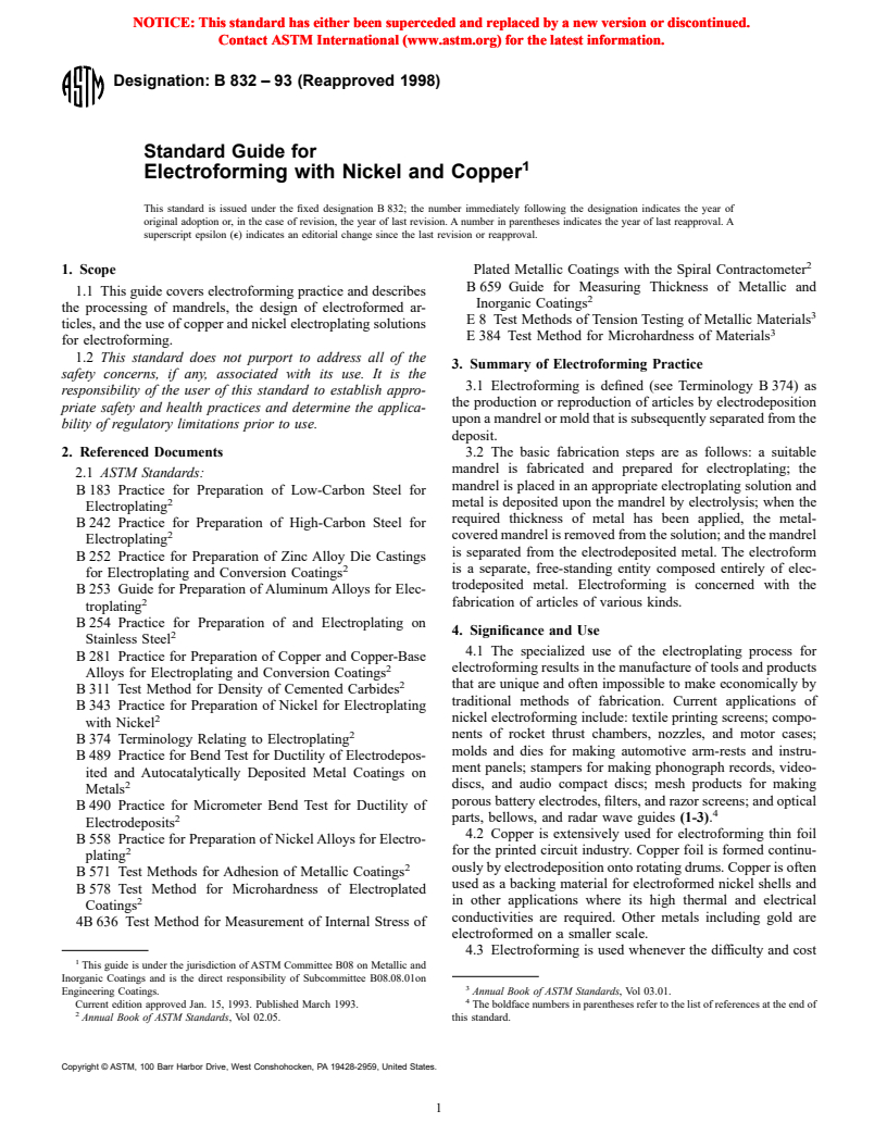 ASTM B832-93(1998) - Standard Guide for Electroforming with Nickel and Copper