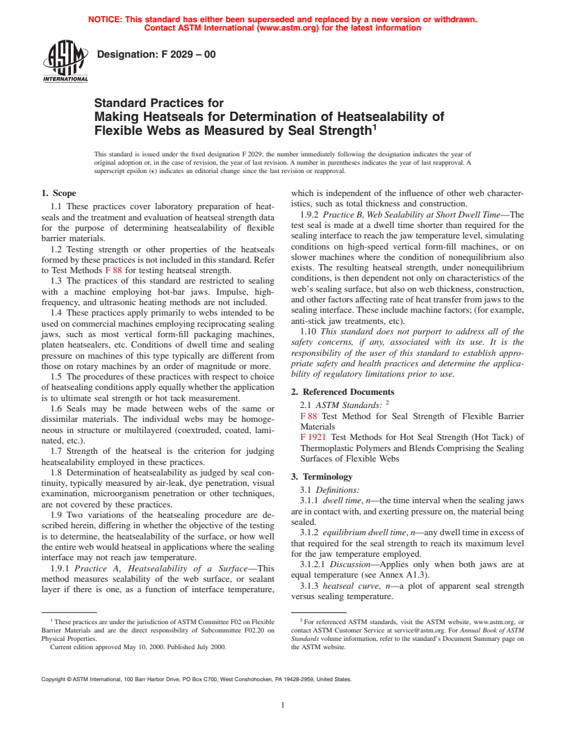 ASTM F2029-00 - Standard Practices for Making Heatseals for Determination of Heatsealability of Flexible Webs as Measured by Seal Strength