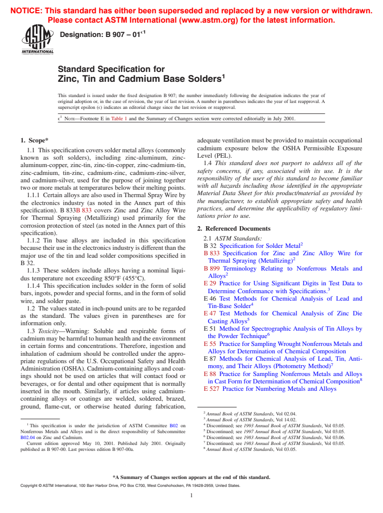 ASTM B907-01e1 - Standard Specification for Zinc, Tin and Cadmium Base Solders