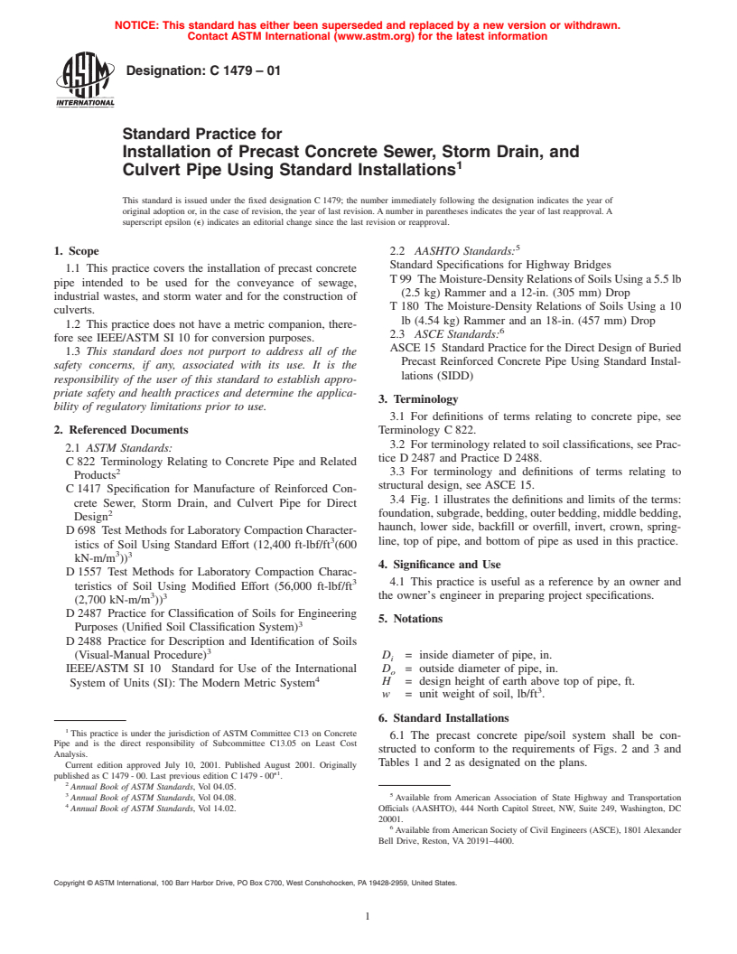 ASTM C1479-01 - Standard Practice for Installation of Precast Concrete Sewer, Storm Drain, and Culvert Pipe Using Standard Installations