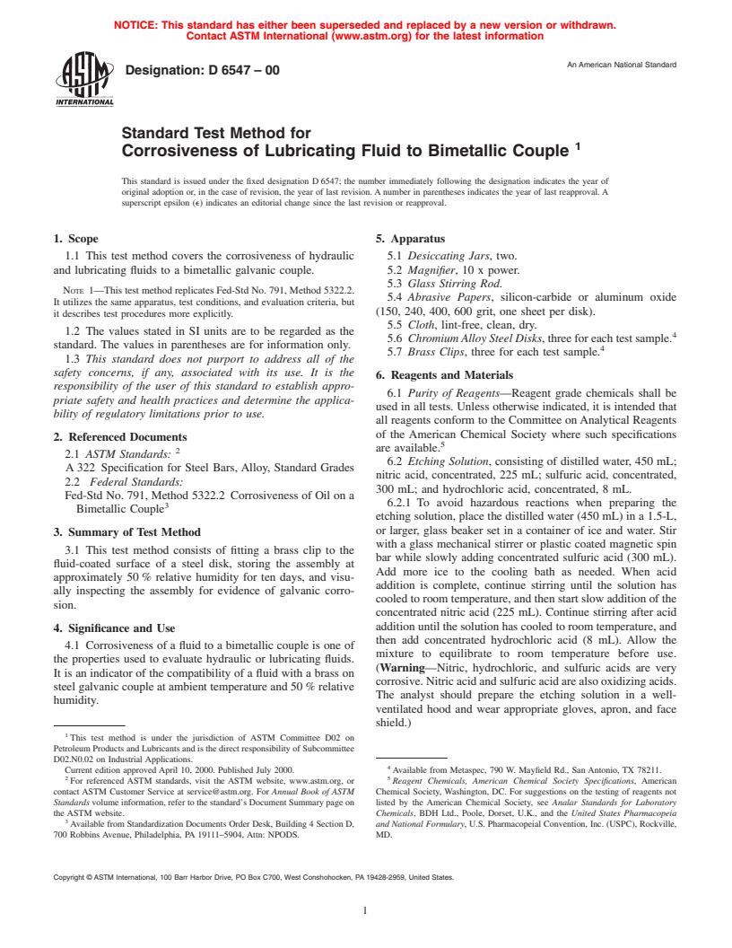 ASTM D6547-00 - Standard Test Method for Corrosiveness of Lubricating Fluid to Bimetallic Couple