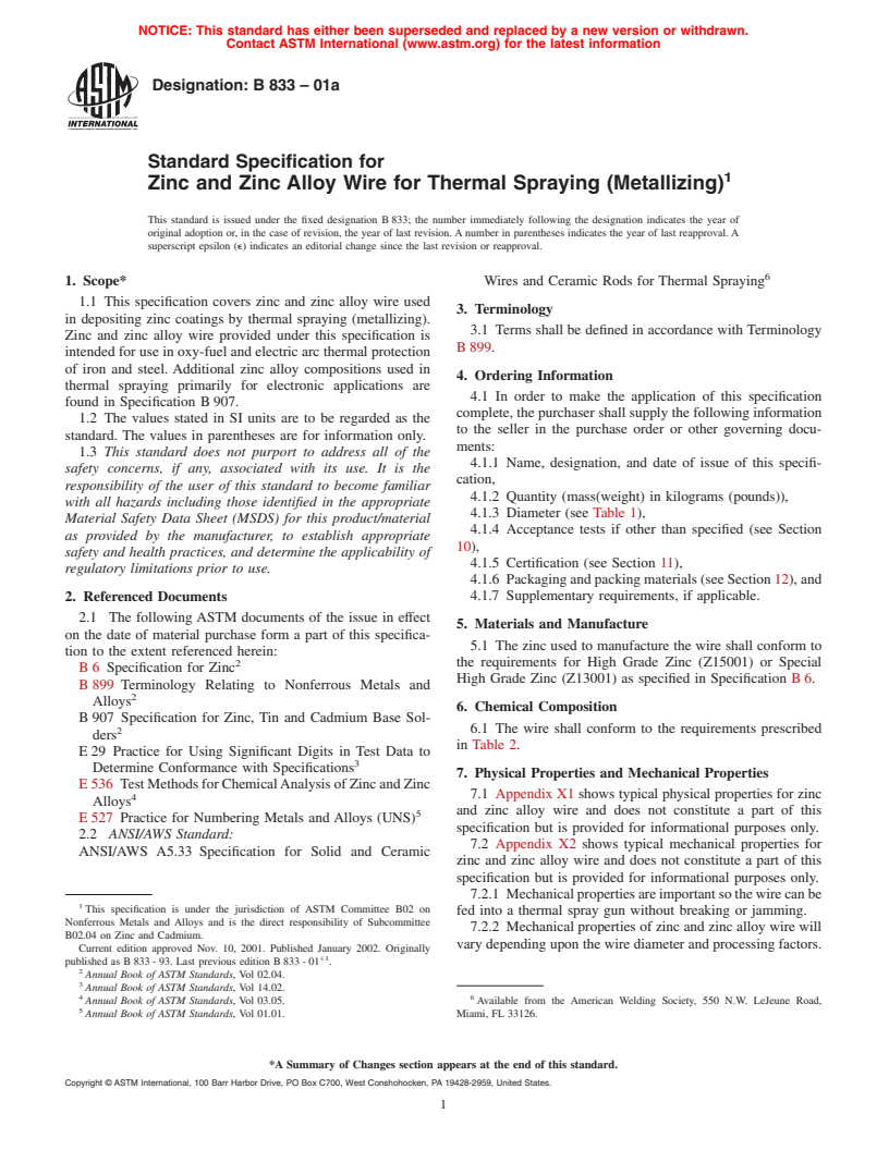 ASTM B833-01a - Standard Specification for Zinc and Zinc Alloy Wire for Thermal Spraying (Metallizing)