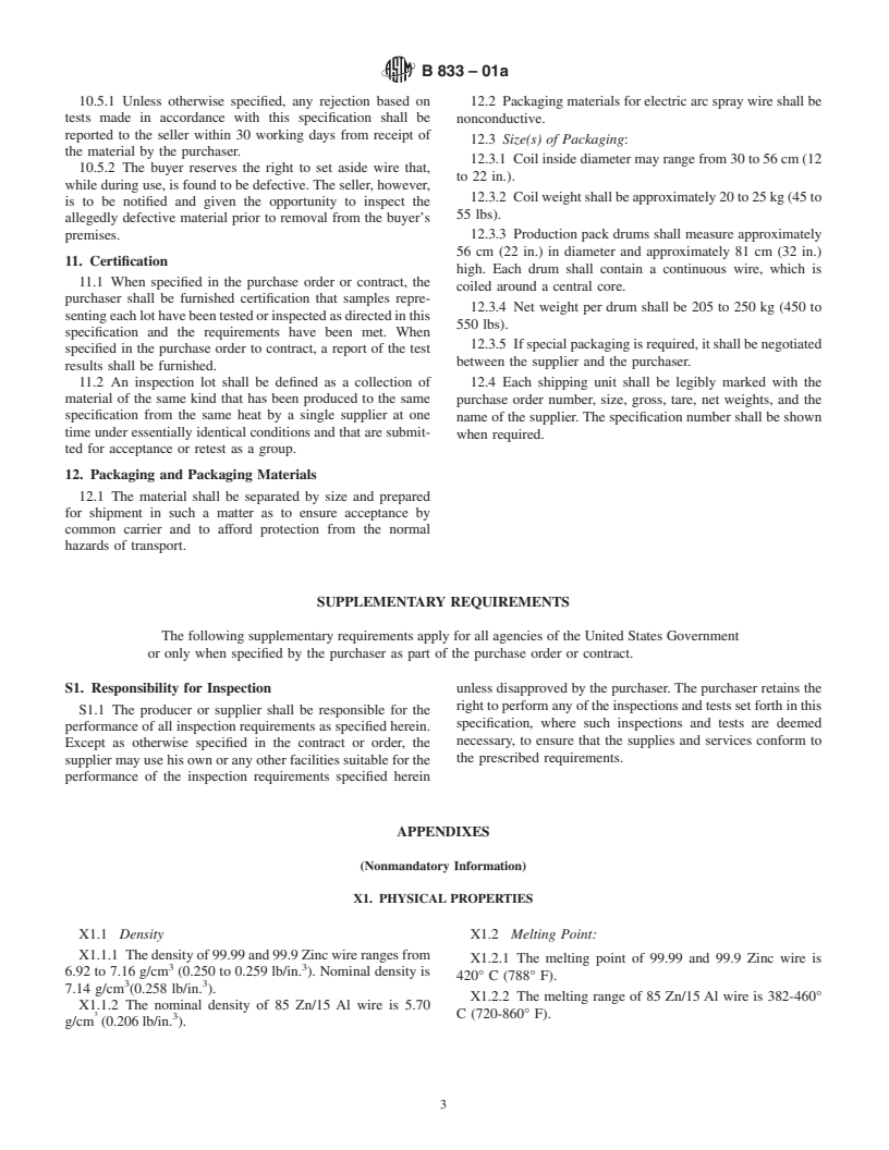 ASTM B833-01a - Standard Specification for Zinc and Zinc Alloy Wire for Thermal Spraying (Metallizing)