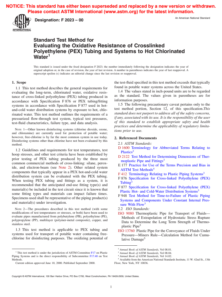 ASTM F2023-00 - Standard Test Method for Evaluating the Oxidative Resistance of Crosslinked Polyethylene (PEX) Tubing and Systems to Hot Chlorinated Water