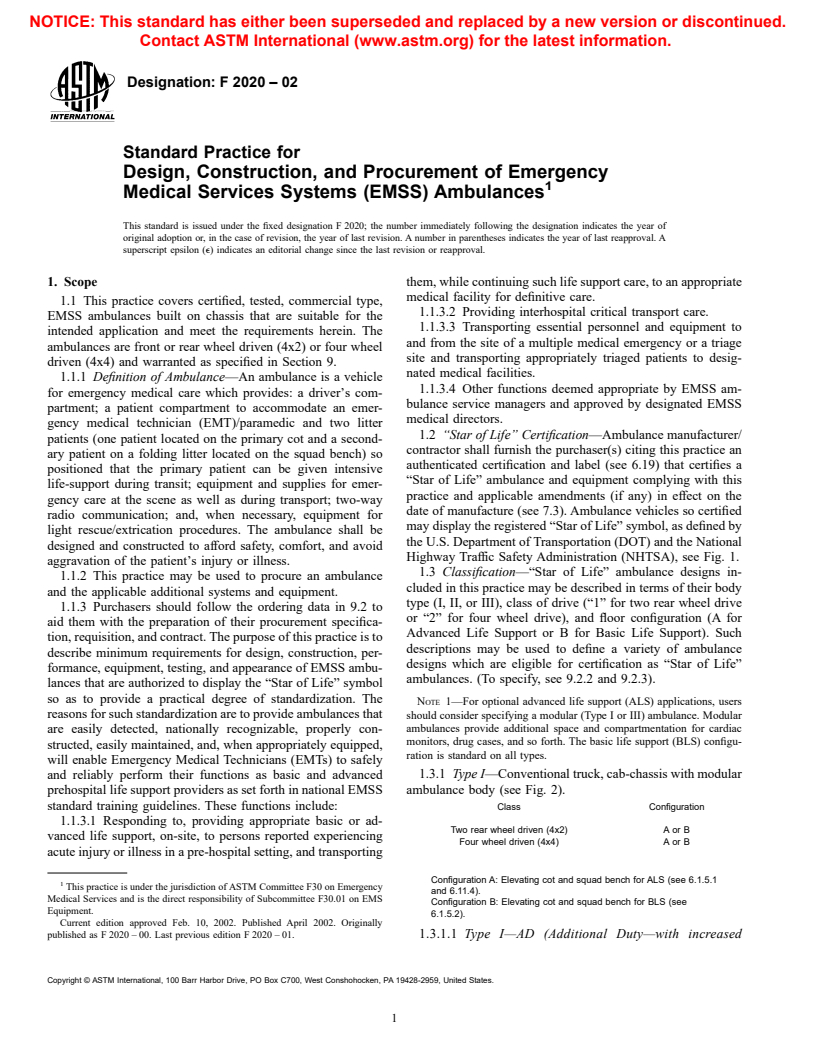 ASTM F2020-02 - Standard Practice for Design, Construction, and Procurement of Emergency Medical Services Systems (EMSS) Ambulances