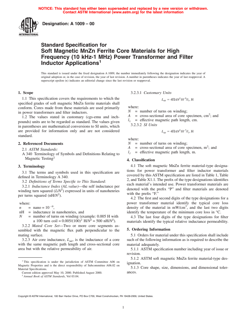 ASTM A1009-00 - Standard Specification for Soft Magnetic MnZn Ferrite Core Materials for High Frequency (10 kHz-1 MHz) Power Transformer and Filter Inductor Applications