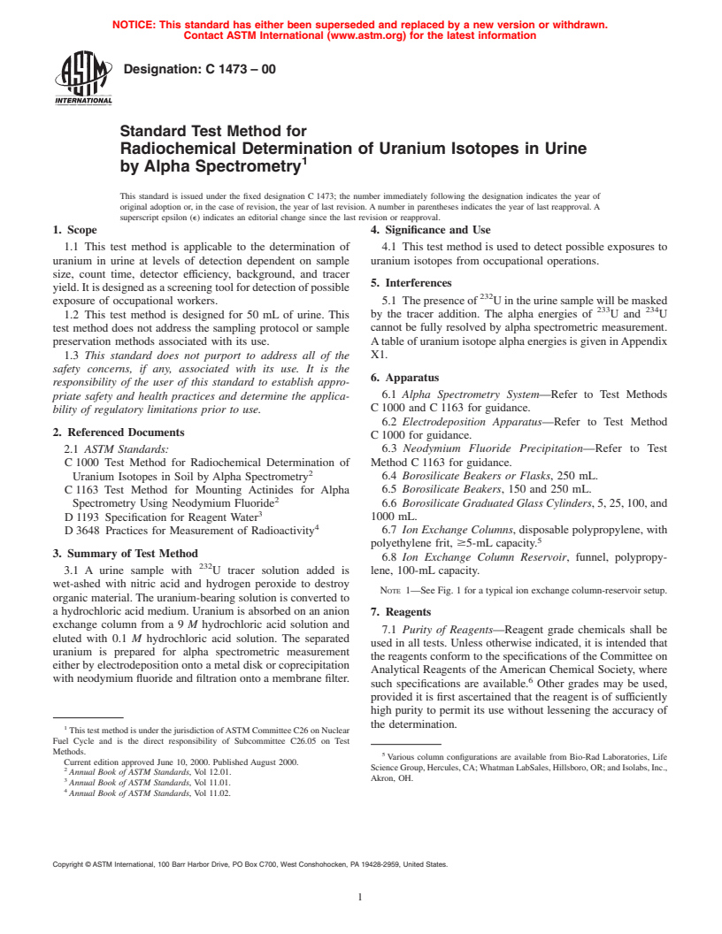 ASTM C1473-00 - Standard Test Method for Radiochemical Determination of Uranium Isotopes in Urine by Alpha Spectrometry