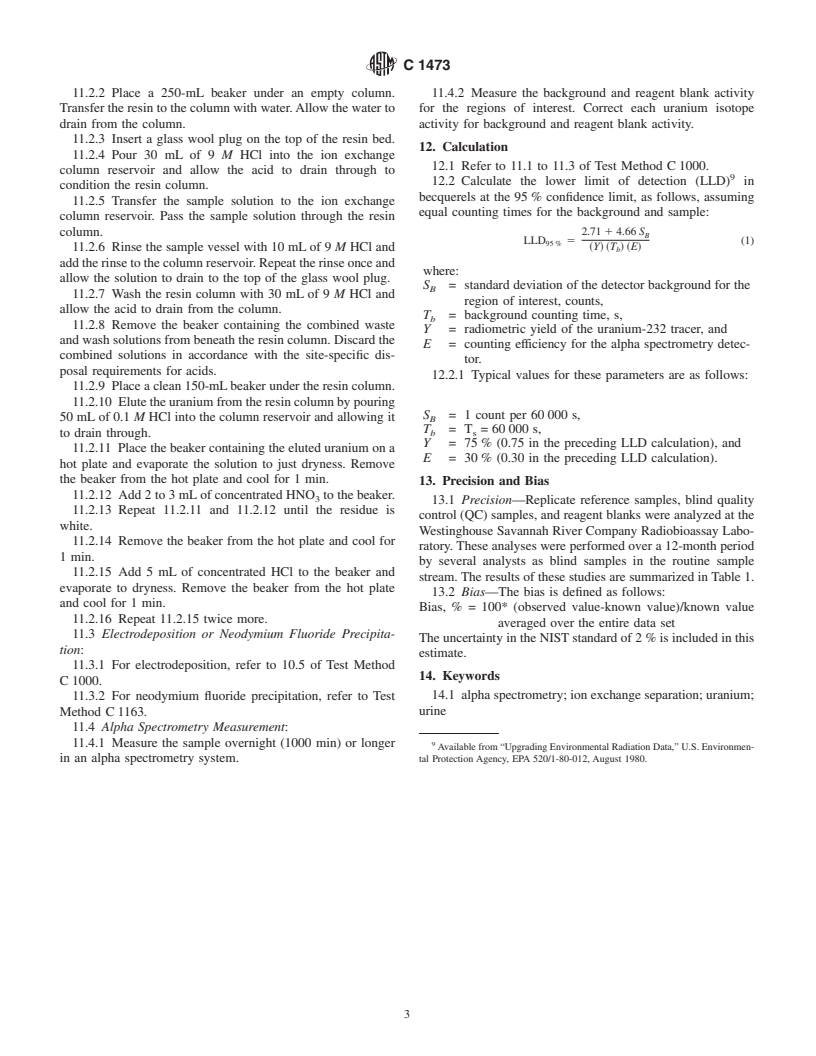 ASTM C1473-00 - Standard Test Method for Radiochemical Determination of Uranium Isotopes in Urine by Alpha Spectrometry